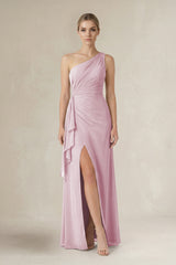 Candy Pink One-Shoulder Sheath Ruched Ruffled Bridesmaid Dress | KISSBRIDAL