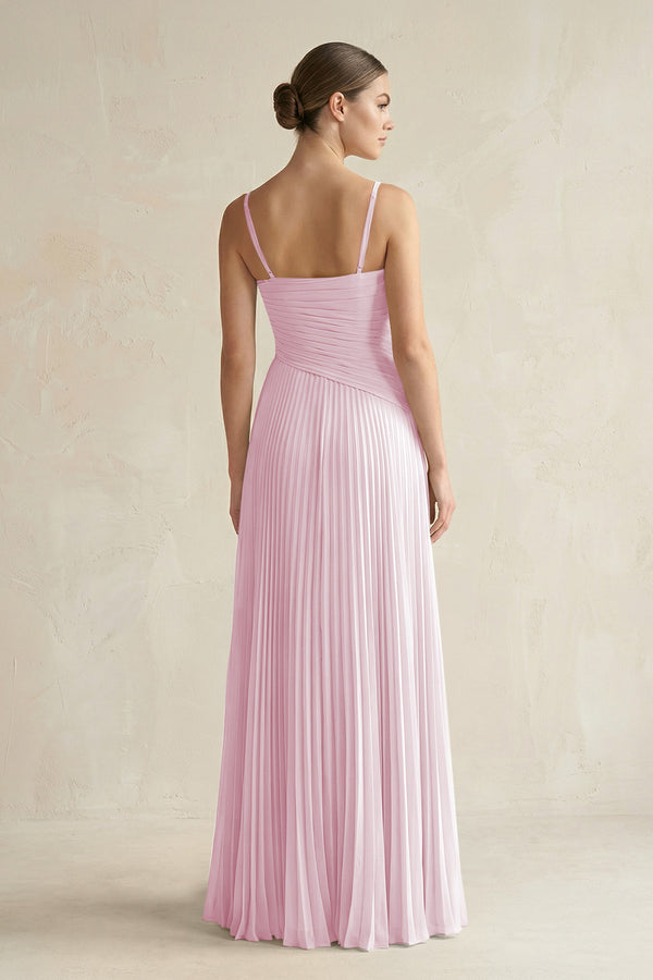 Candy Pink Pleated A-Line Long Chiffon Bridesmaid Dress (2) | KISSBRIDAL