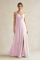 Candy Pink Pleated A-Line Long Chiffon Bridesmaid Dress | KISSBRIDAL