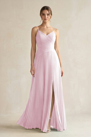 Candy Pink Pleated A-Line Long Chiffon Bridesmaid Dress | KISSBRIDAL