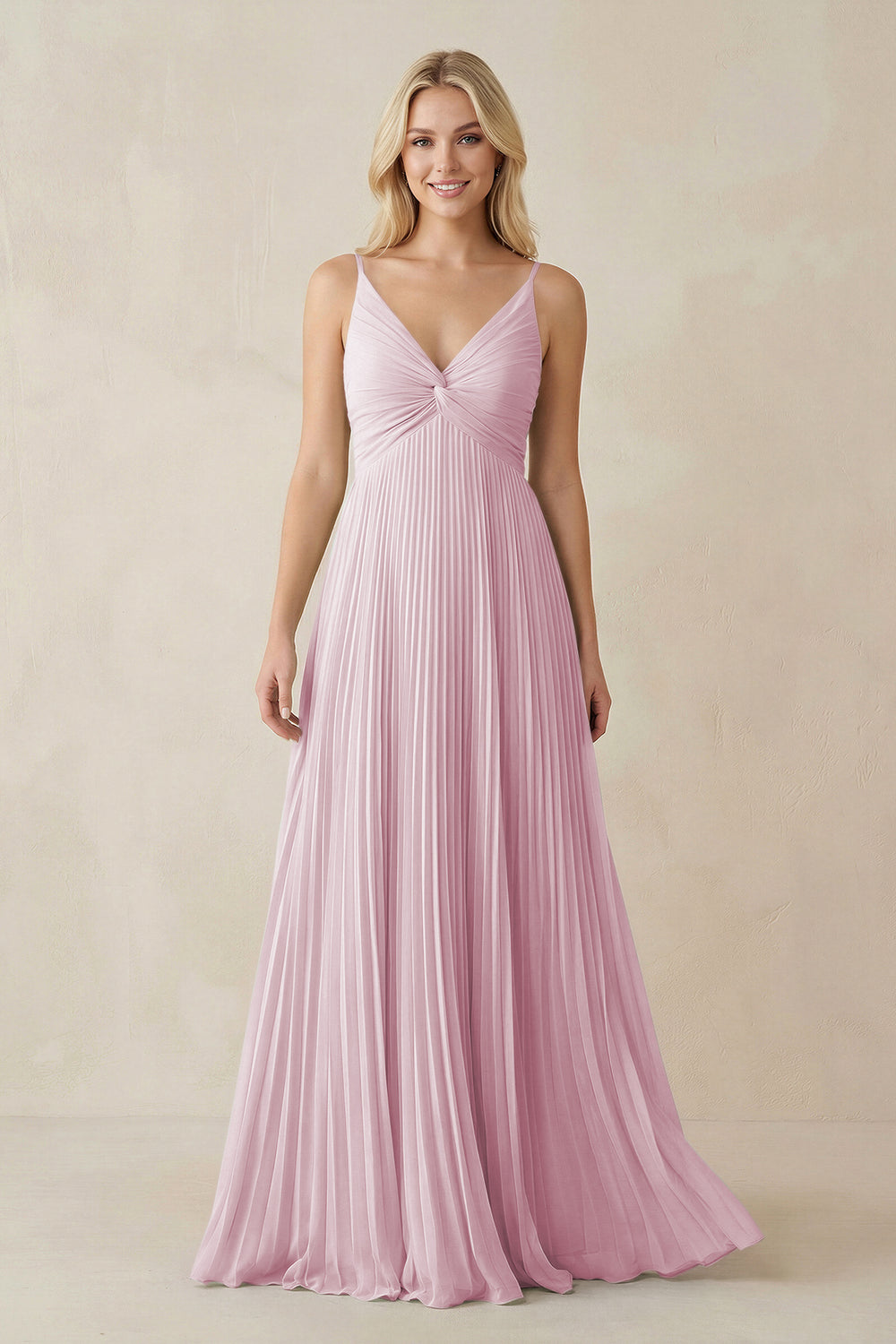 Pleated V-Neck A-Line Chiffon Bridesmaid Dress in Candy Pink