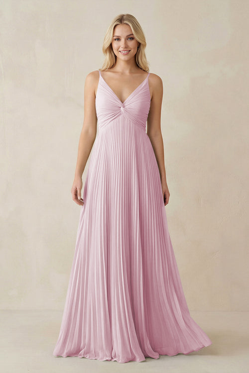 Candy Pink Pleated V-Neck A-Line Chiffon Bridesmaid Dress | KISSBRIDAL
