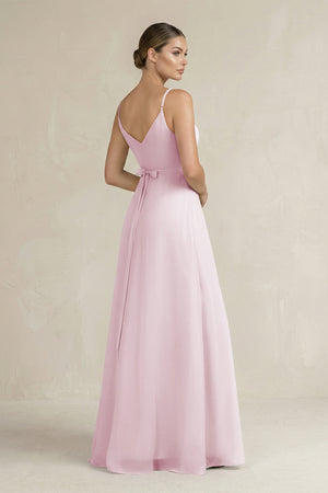 Candy Pink Ruched A-Line Chiffon Bridesmaid Dress with Slit (2) | KISSBRIDAL