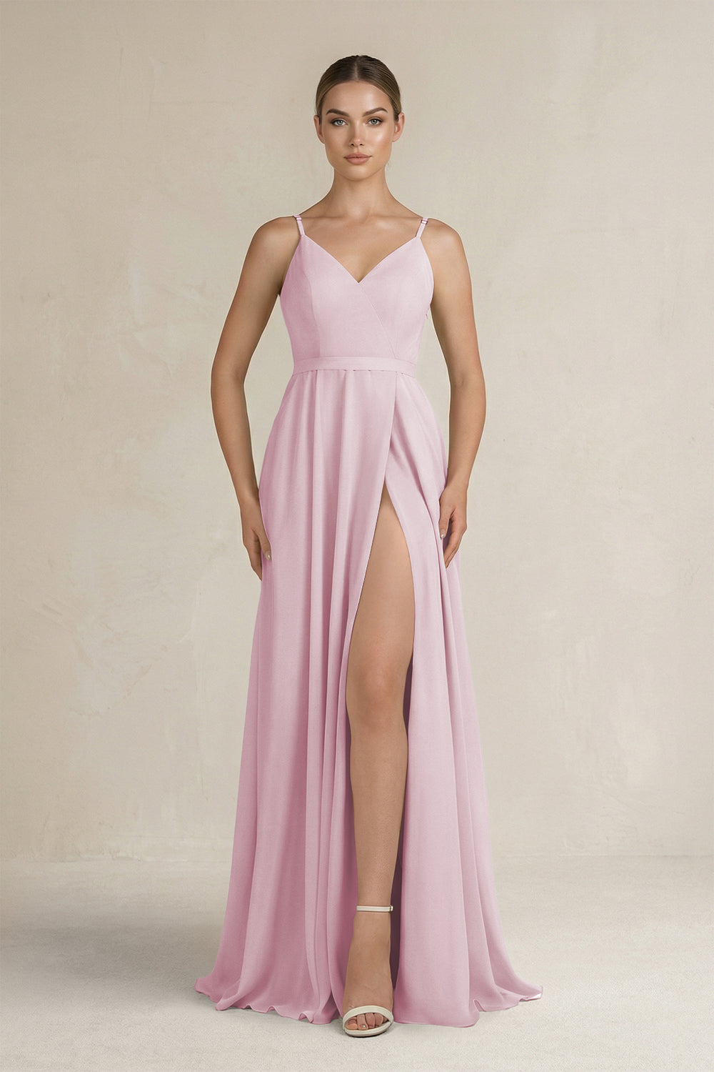 Ruched A-Line Chiffon Bridesmaid Dress with Slit in Candy Pink