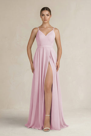 Candy Pink Ruched A-Line Chiffon Bridesmaid Dress with Slit | KISSBRIDAL