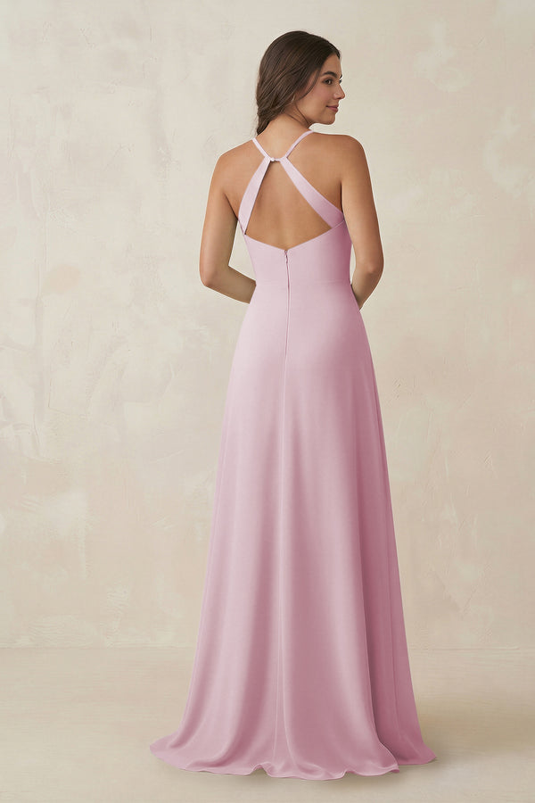 Candy Pink Ruched Sheath Chiffon Bridesmaid Dress (2) | KISSBRIDAL