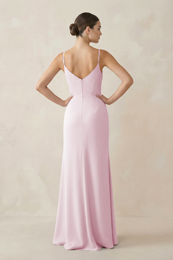 Candy Pink Ruched Sheath Spaghetti Strap Chiffon Bridesmaid Dress (2) | KISSBRIDAL