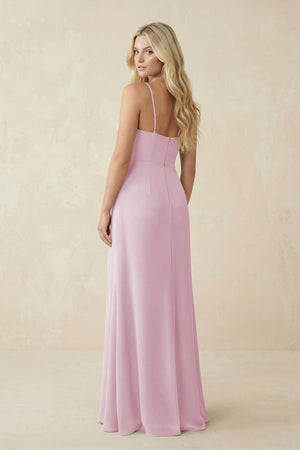 Candy Pink Ruched Sheath Spaghetti Strap Chiffon Bridesmaid Dress (2) | KISSBRIDAL