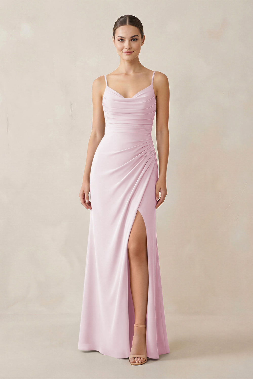 Ruched Sheath Spaghetti Strap Chiffon Bridesmaid Dress in Candy Pink