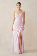 Candy Pink Ruched Sheath Spaghetti Strap Chiffon Bridesmaid Dress | KISSBRIDAL