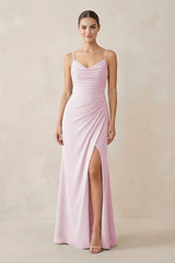 Candy Pink Ruched Sheath Spaghetti Strap Chiffon Bridesmaid Dress | KISSBRIDAL