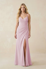 Candy Pink Ruched Sheath Spaghetti Strap Chiffon Bridesmaid Dress | KISSBRIDAL