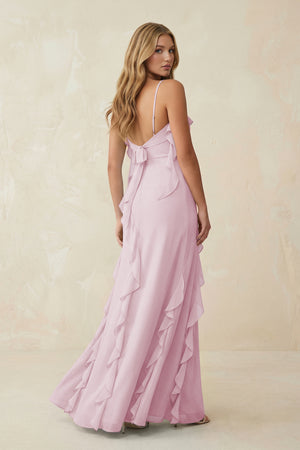 Candy Pink Ruffled Cami Strap Chiffon Sheath Bridesmaid Dress (2) | KISSBRIDAL