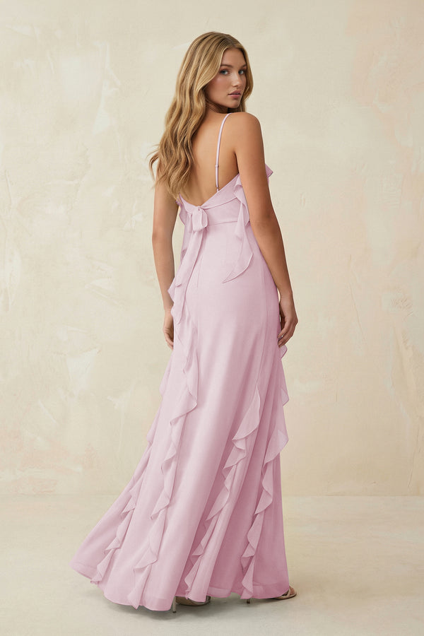 Candy Pink Ruffled Cami Strap Chiffon Sheath Bridesmaid Dress (2) | KISSBRIDAL