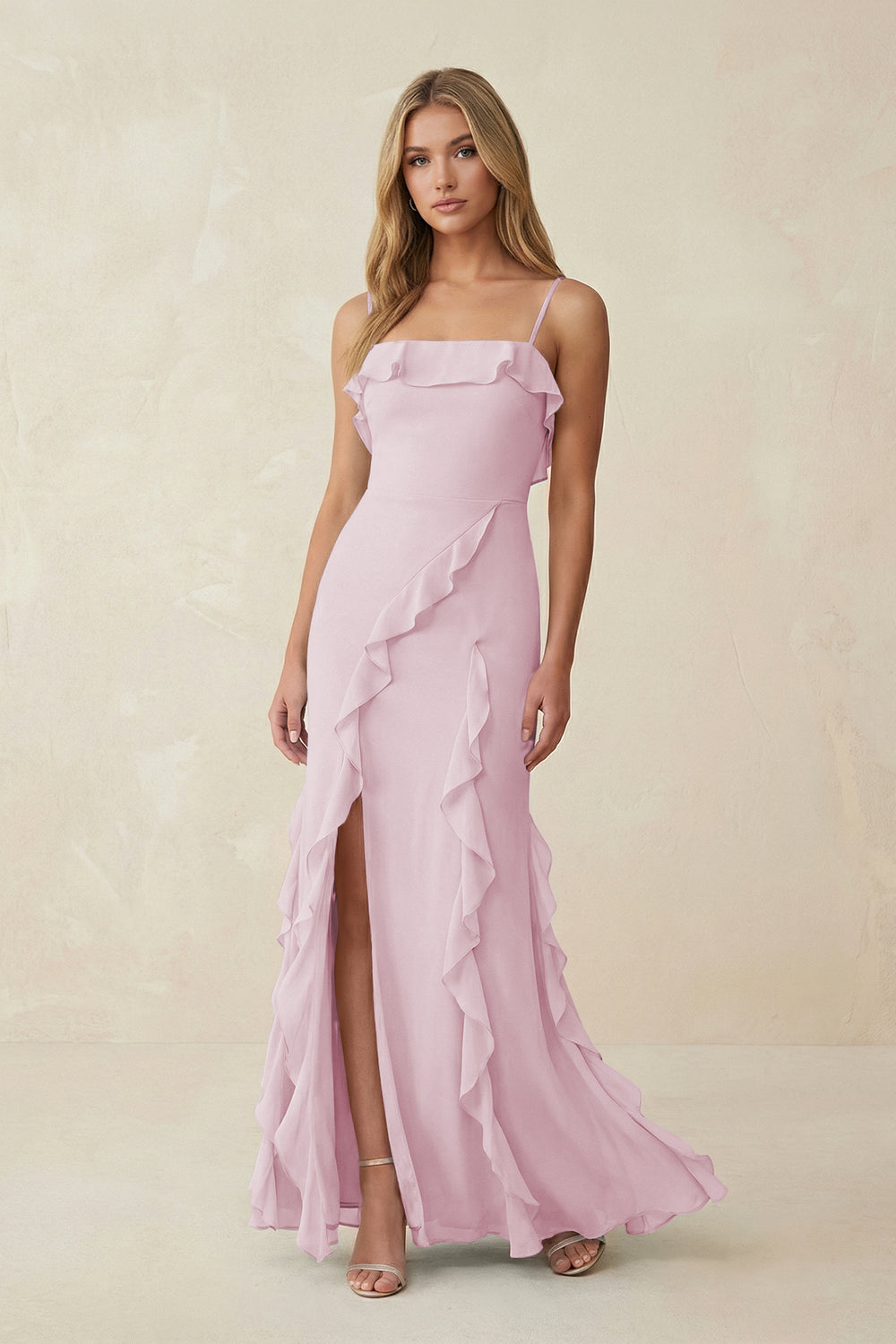 Ruffled Cami Strap Chiffon Sheath Bridesmaid Dress in Candy Pink