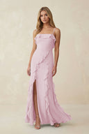 Candy Pink Ruffled Cami Strap Chiffon Sheath Bridesmaid Dress | KISSBRIDAL