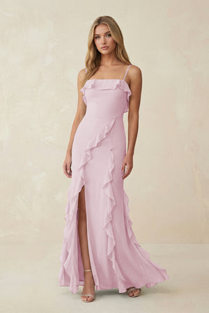 Candy Pink Ruffled Cami Strap Chiffon Sheath Bridesmaid Dress | KISSBRIDAL