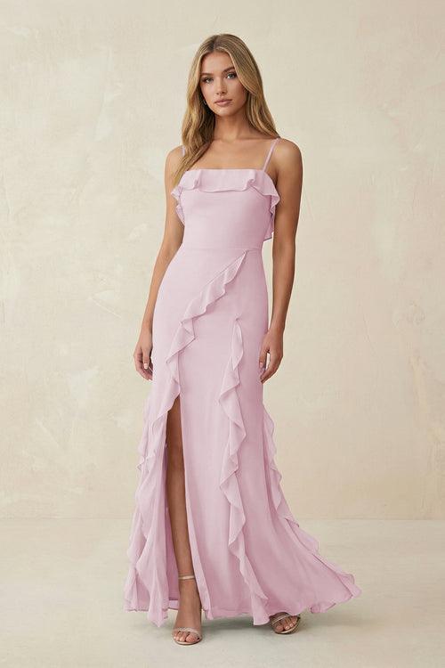 Candy Pink Ruffled Cami Strap Chiffon Sheath Bridesmaid Dress | KISSBRIDAL