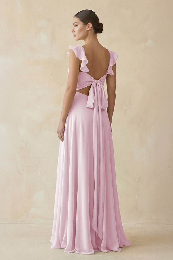 Candy Pink Ruffled Chiffon A-Line Long Bridesmaid Dress (2) | KISSBRIDAL
