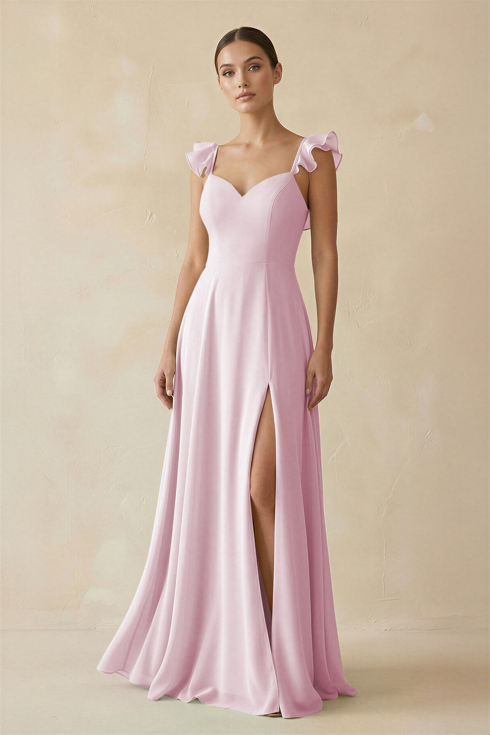 Ruffled Chiffon A-Line Long Bridesmaid Dress in Candy Pink