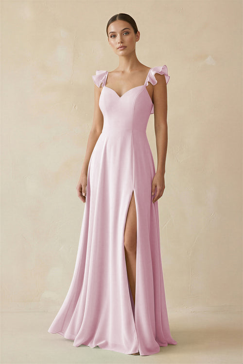 Candy Pink Ruffled Chiffon A-Line Long Bridesmaid Dress | KISSBRIDAL
