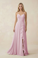 Candy Pink Ruffled Hem A-Line Chiffon Bridesmaid Dress | KISSBRIDAL