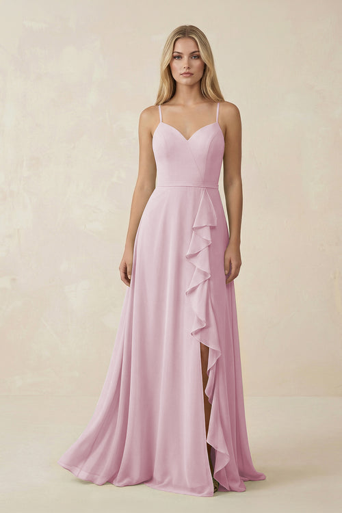 Candy Pink Ruffled Hem A-Line Chiffon Bridesmaid Dress | KISSBRIDAL