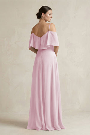 Candy Pink Ruffled Off-the-Shoulder A-Line Chiffon Bridesmaid Gown (2) | KISSBRIDAL