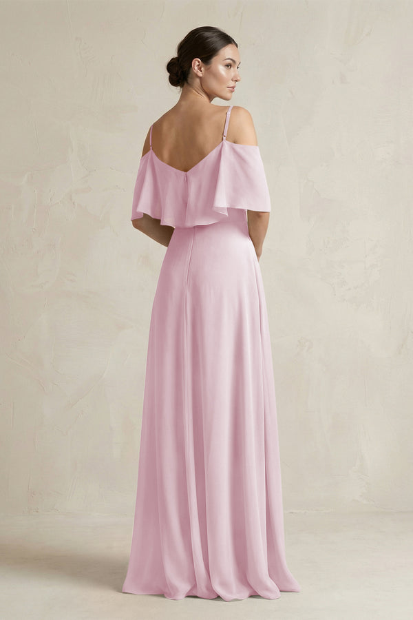 Candy Pink Ruffled Off-the-Shoulder A-Line Chiffon Bridesmaid Gown (2) | KISSBRIDAL