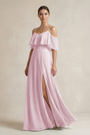 Candy Pink Ruffled Off-the-Shoulder A-Line Chiffon Bridesmaid Gown | KISSBRIDAL