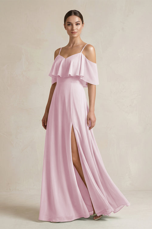 Candy Pink Ruffled Off-the-Shoulder A-Line Chiffon Bridesmaid Gown | KISSBRIDAL