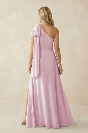 Candy Pink Ruffled One Shoulder Chiffon Bridesmaid Dress With Slit in Candy Pink (2) | KISSBRIDAL