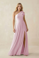 Candy Pink Ruffled One Shoulder Chiffon Bridesmaid Dress With Slit in Candy Pink | KISSBRIDAL