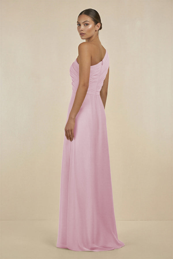 Candy Pink Ruffled One-Shoulder Pleated Sheath Bridesmaid Dress (2) | KISSBRIDAL