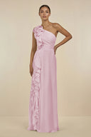 Candy Pink Ruffled One-Shoulder Pleated Sheath Bridesmaid Dress | KISSBRIDAL