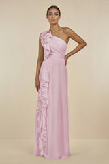 Candy Pink Ruffled One-Shoulder Pleated Sheath Bridesmaid Dress | KISSBRIDAL