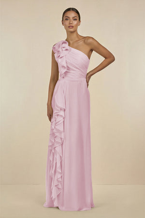 Candy Pink Ruffled One-Shoulder Pleated Sheath Bridesmaid Dress | KISSBRIDAL