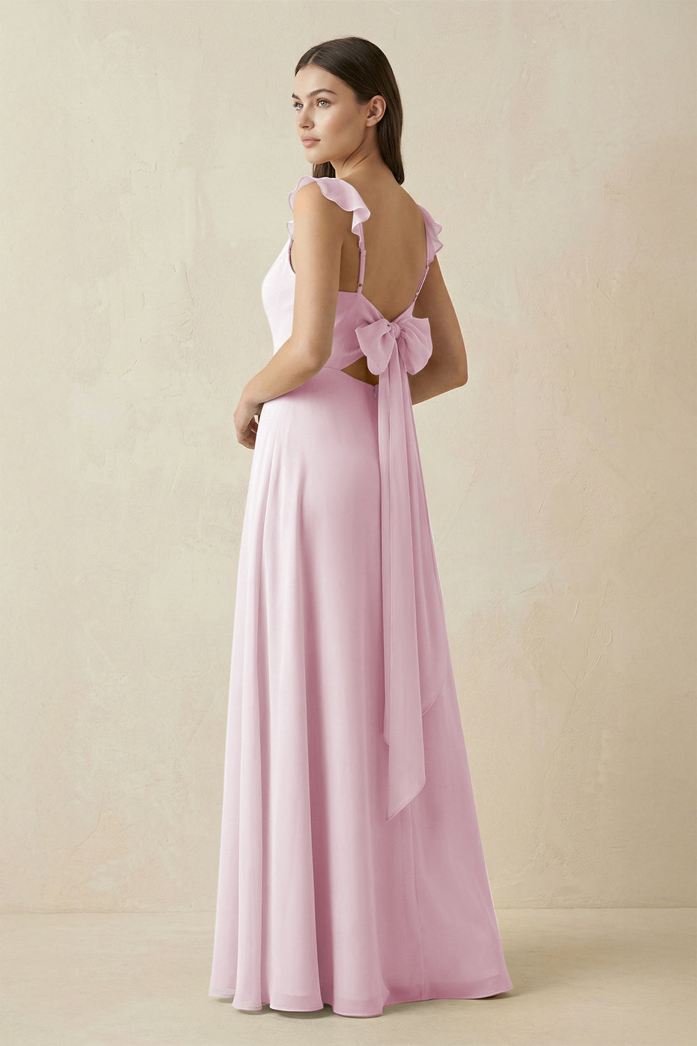Ruffled Sleeve A-Line Chiffon Bridesmaid Dress in Candy Pink