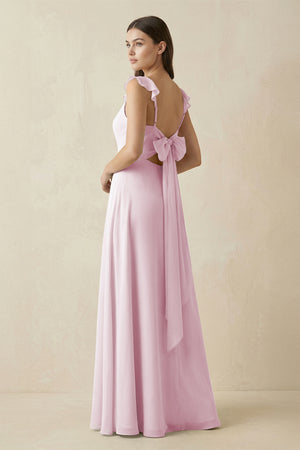 Candy Pink Ruffled Sleeve A-Line Chiffon Bridesmaid Dress (2) | KISSBRIDAL