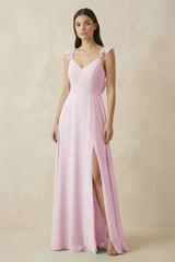 Candy Pink Ruffled Sleeve A-Line Chiffon Bridesmaid Dress | KISSBRIDAL
