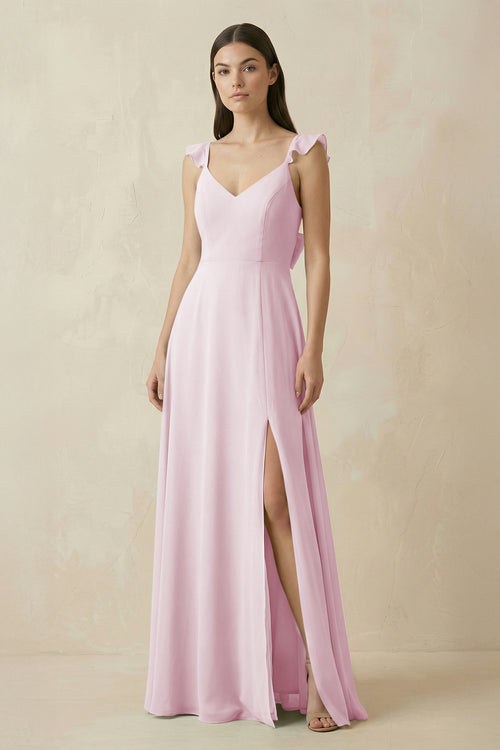 Candy Pink Ruffled Sleeve A-Line Chiffon Bridesmaid Dress | KISSBRIDAL