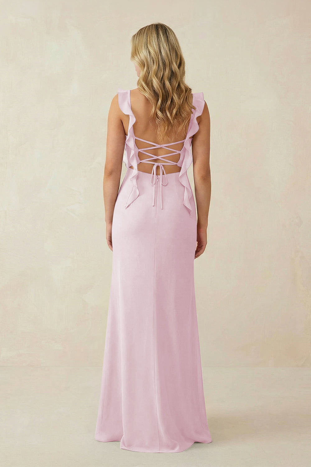 Ruffled Sleeve Ruched Sheath Chiffon Bridesmaid Dress in Candy Pink