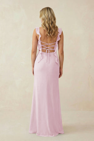 Candy Pink Ruffled Sleeve Ruched Sheath Chiffon Bridesmaid Dress (2) | KISSBRIDAL