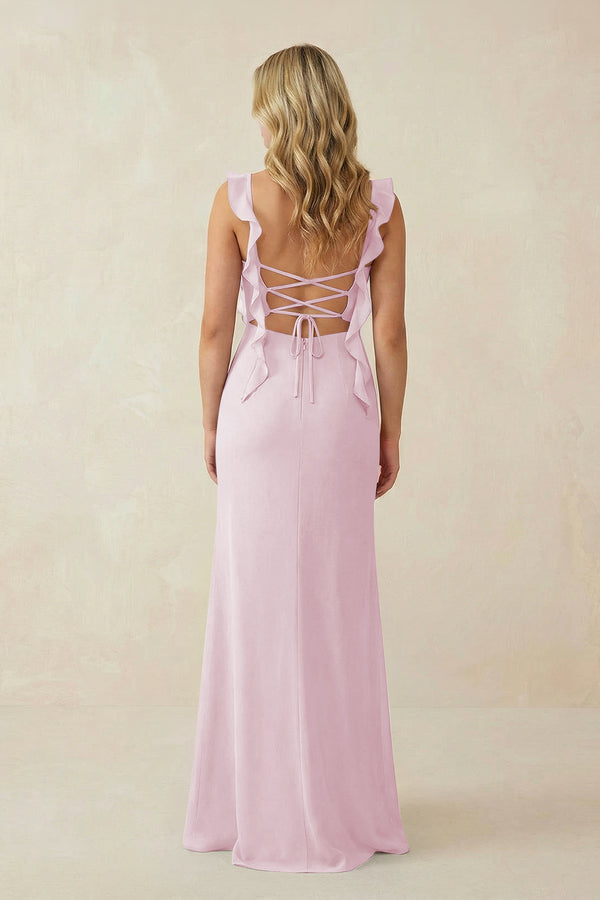 Candy Pink Ruffled Sleeve Ruched Sheath Chiffon Bridesmaid Dress (2) | KISSBRIDAL