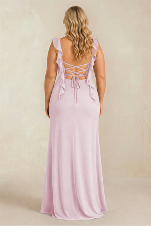 Candy Pink Ruffled Sleeve Ruched Sheath Chiffon Bridesmaid Dress (2) [sizeplus] | KISSBRIDAL