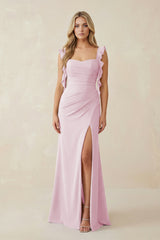 Candy Pink Ruffled Sleeve Ruched Sheath Chiffon Bridesmaid Dress | KISSBRIDAL