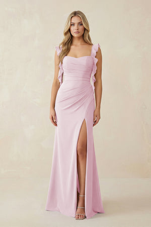 Candy Pink Ruffled Sleeve Ruched Sheath Chiffon Bridesmaid Dress | KISSBRIDAL