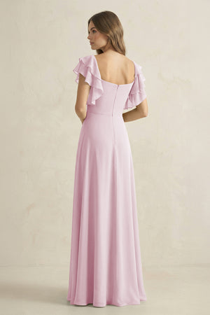 Candy Pink Ruffled Sleeves A-Line Chiffon Bridesmaid Dress (2) | KISSBRIDAL