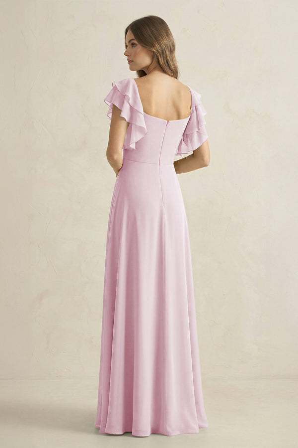 Candy Pink Ruffled Sleeves A-Line Chiffon Bridesmaid Dress (2) | KISSBRIDAL