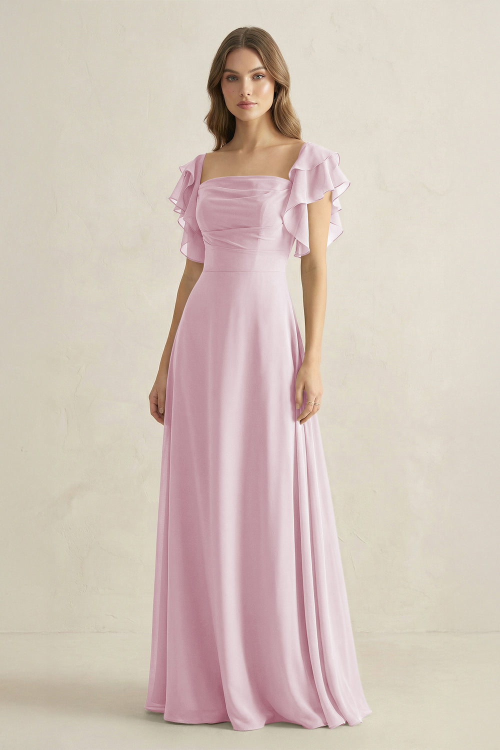 Ruffled Sleeves A-Line Chiffon Bridesmaid Dress in Candy Pink